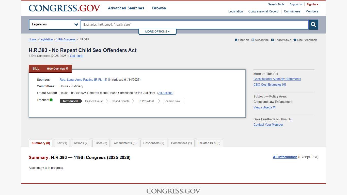 H.R.393 - 119th Congress (2025-2026): No Repeat Child Sex Offenders Act | Congress.gov | Library of Congress